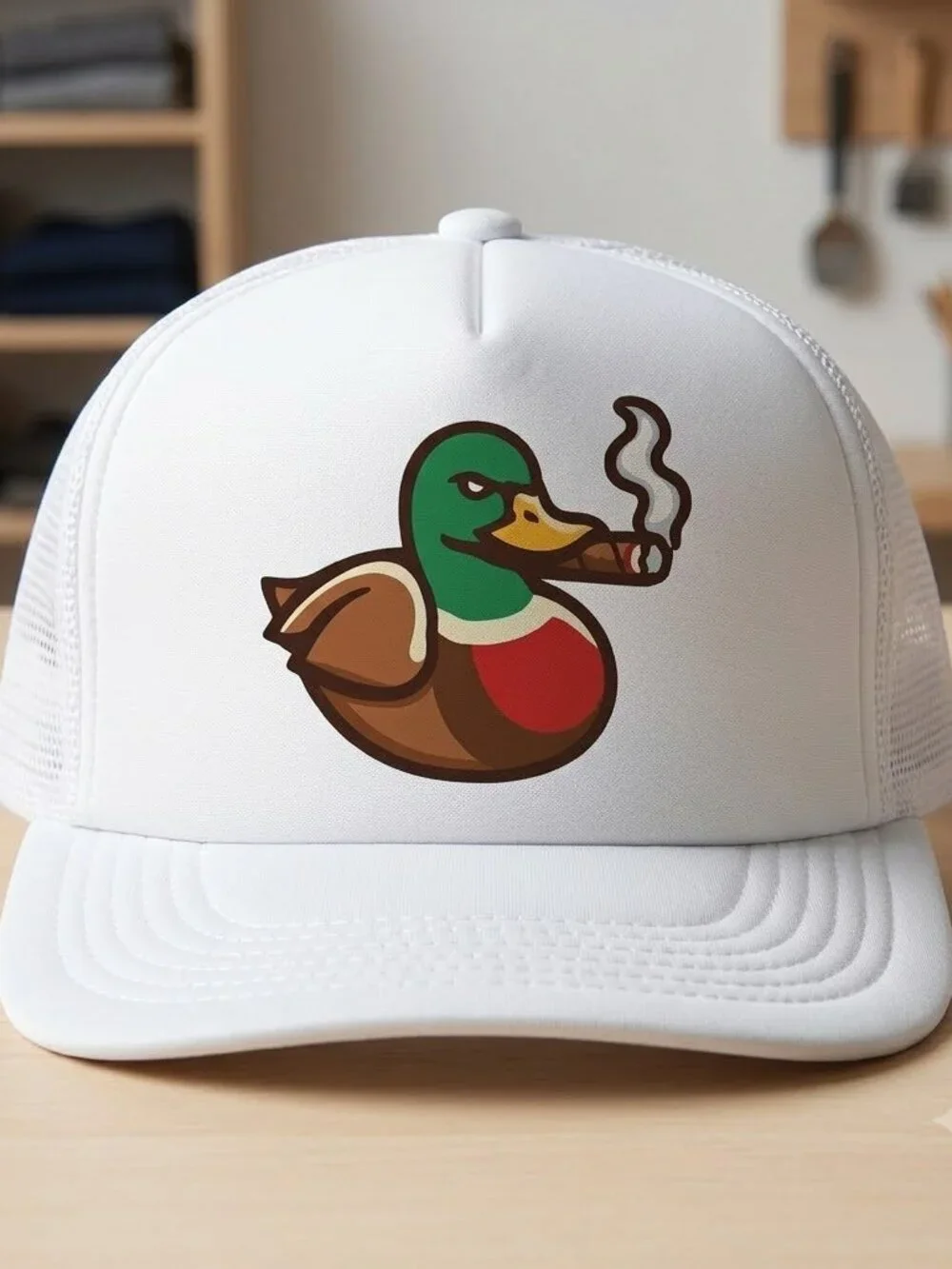 Retro Smoking Cigar Duck Foam Trucker Hat All White Mesh Snapback Cap New Huntin